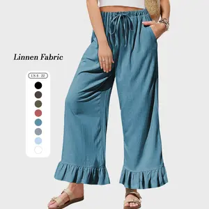 Women Linen Blend Casual Pants Flared Wide Leg Drawstring Ruffle Harem Palazzo Pants with Pockets Summervibes No Filter Real Fit Who Wears Who Looks Good Affordable Luxury Old Money Style Lightweight High Quality Relaxed Outdoor Intellectual Minimalist Ro