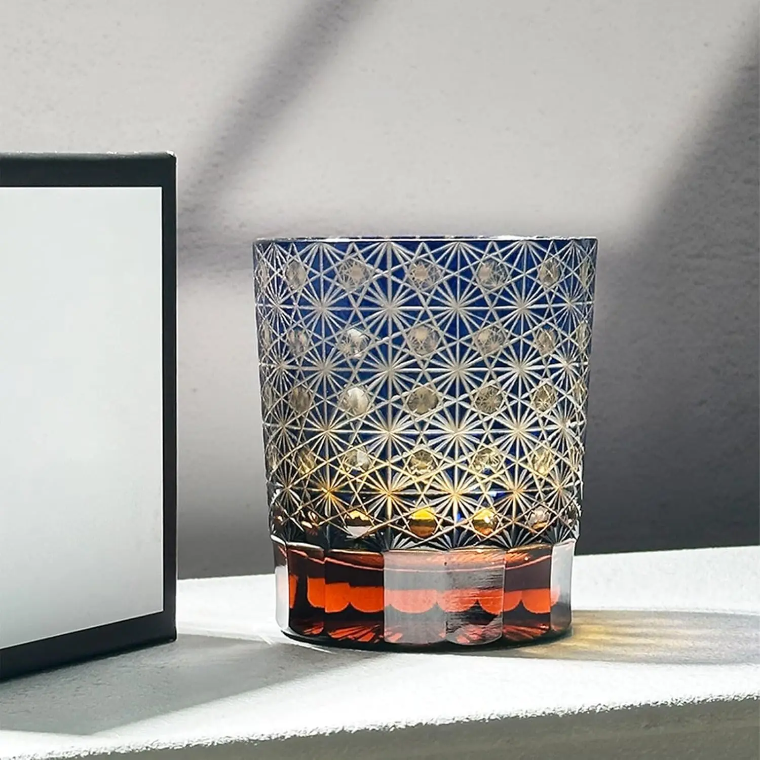 Luxury Crystal Old Fashioned Rock Glass - Japanese-Inspired Blue Amber Gradient Cocktail Whisky Glass, Ideal for Bar Use, Gift for Whisky Enthusiasts, Bar & Wine Utensils Addition