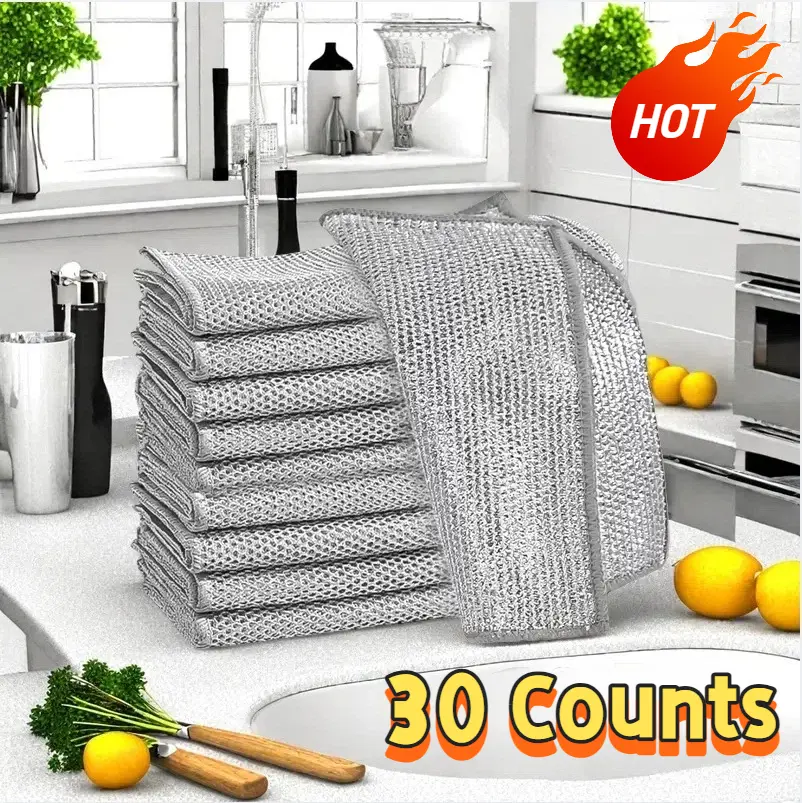 30-Piece Durable Double-Layer Metal Wire Mesh Non-Scratch Dishcloth Set, 10-Count Packs Included, Multipurpose Reusable Rags with Mesh Texture for Kitchen Cleanup, Stove Care