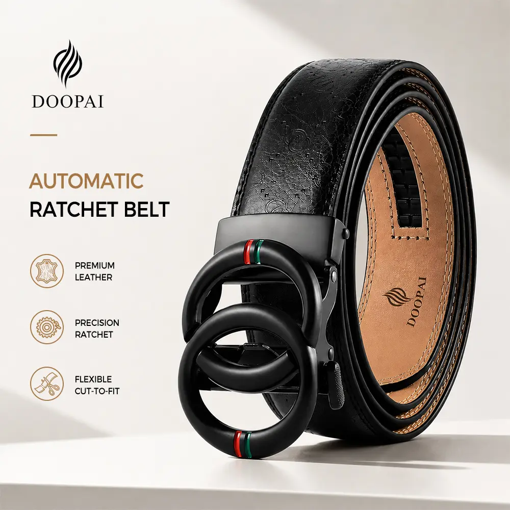DOOPAI Men's Designer Fashion Leather Belt with Secure Ratchet Buckle and Sliding Adjustable Trim to Fit Size 34-42 for Casual & Dress Wear
