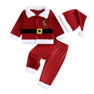 Toddler Baby Boys Girls Christmas Santa Claus Costume Velvet Long Sleeve Jacket Long Pants Xmas Hat 3Pcs Sets