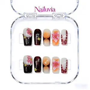 Nailuvia｜10PCS 100% Handmade Press-On Nails｜C037 1.0 Inch｜Reusable Colorful Art Acrylic Stylish｜Tropical Floral Tortoiseshell Medium Square