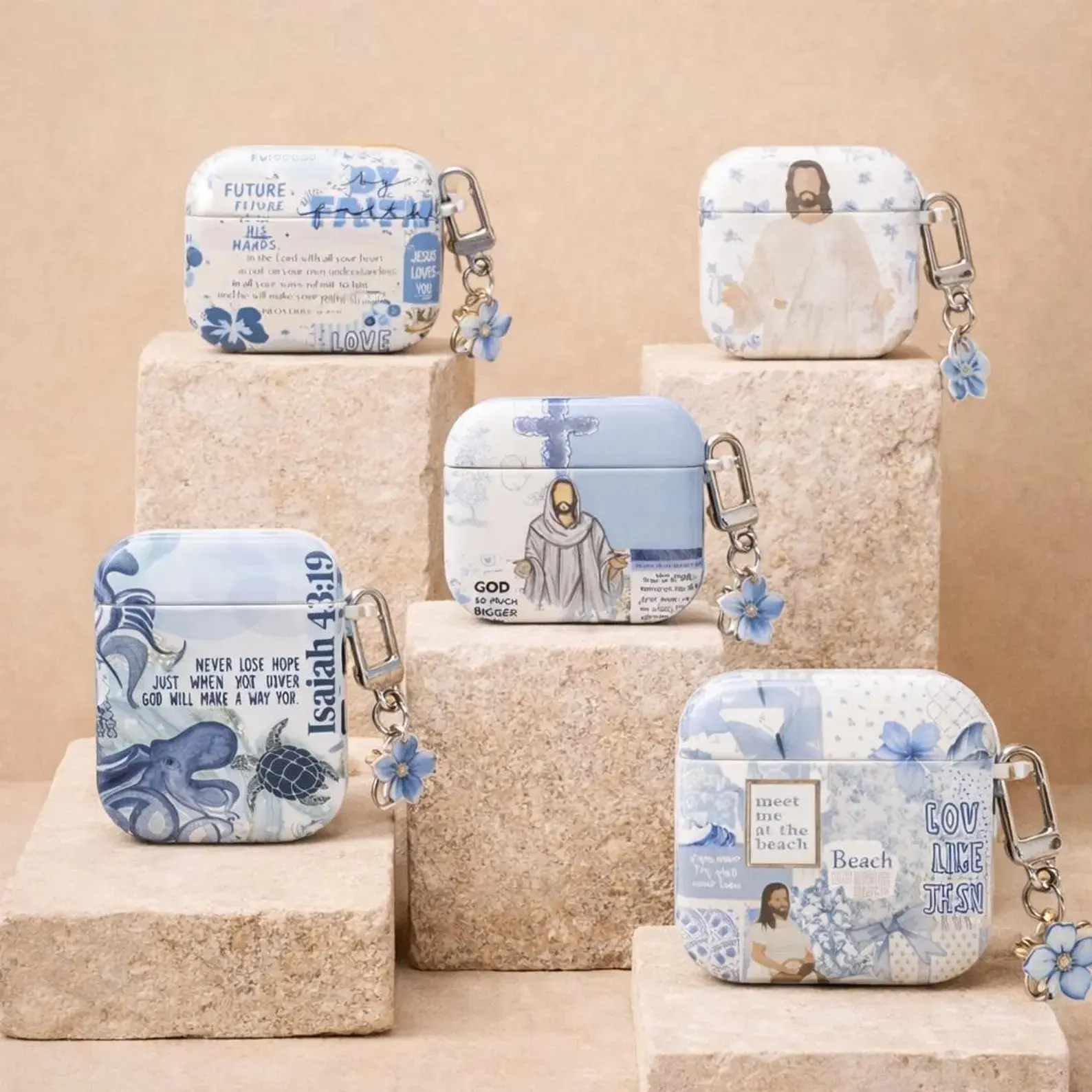 Blue Theme Christian Airpod Cases with Bible Verses, Floral & Jesus Design, Blue Scripture Airpods Gen 1 2 3 4 Cover Religious Gift for Her