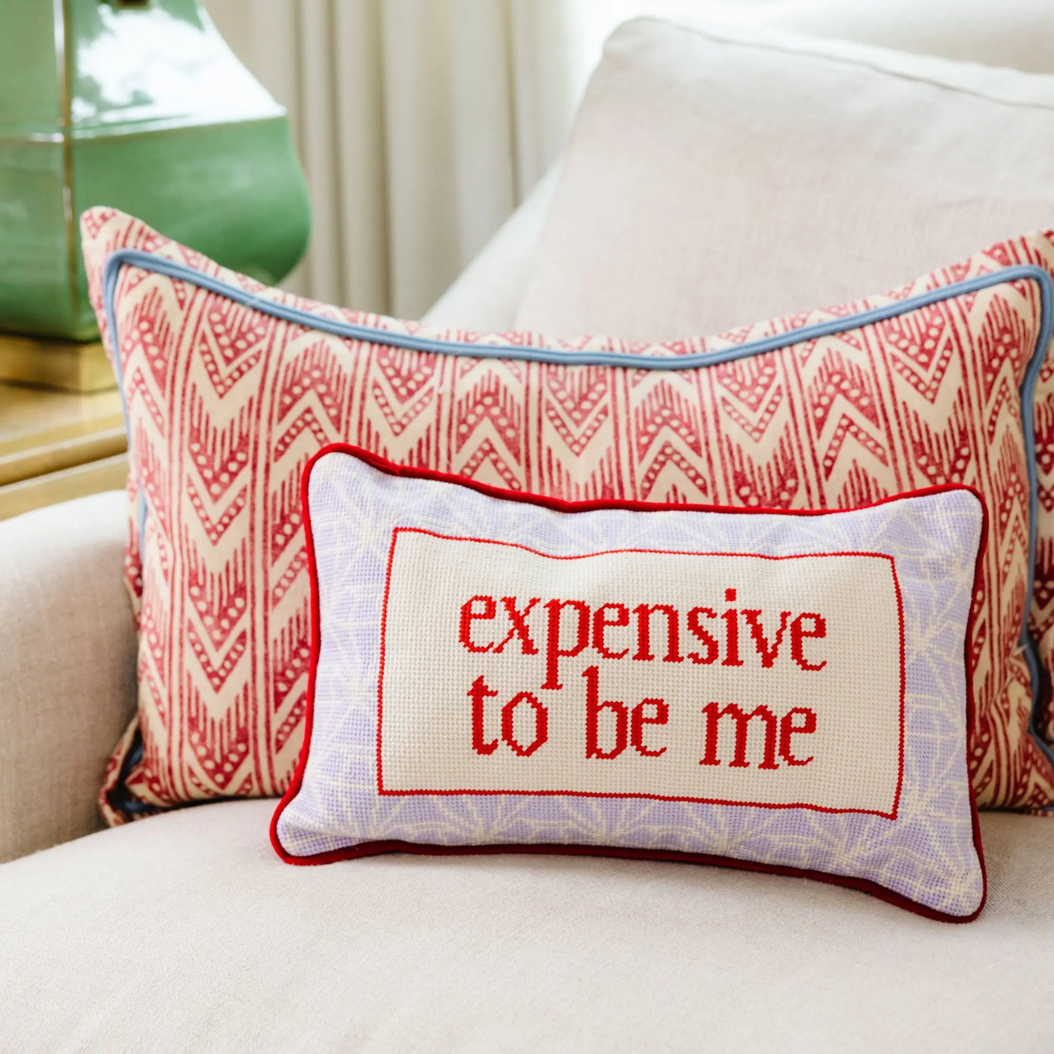 Velvet Embroidery Pillow, 9"x15" Fluff Needlepoint Design with "Expensive To Be Me" Confident Quote, Uniquely-You Sayings & Self-Worth Vibe, Decorative Accent for Home Bedding