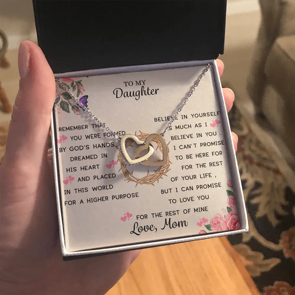 "To My Daughter From Mom" Interlocking Hearts Necklace - White Gold Plated Silver Pendant, Sentimental Birthday Graduation Jewelry Gift for Daughter