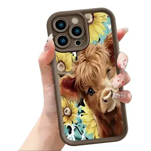 Cute Highland Cow Sunflower Pattern Phone Case for iPhone 17 16 15 14 Pro Max 13 12 11 XR XS Plus Air Slim Shockproof Anti Scratch TPU Protective Cover Farm Animal Aesthetic Phone Accessory