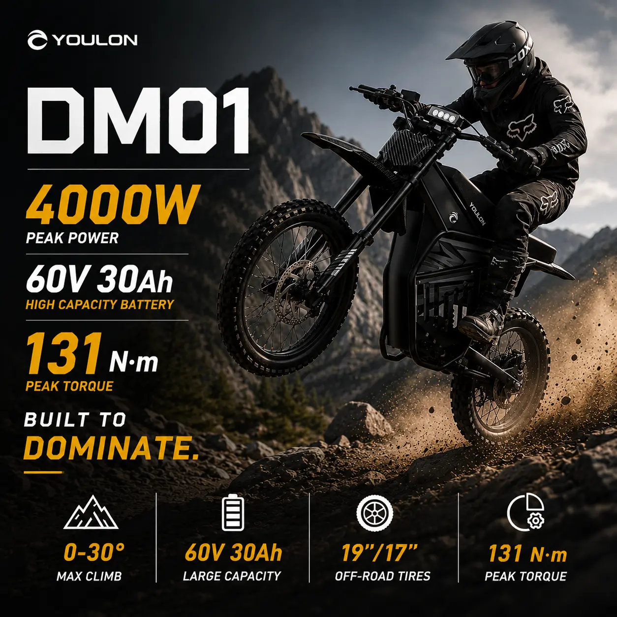 YOULON DM01 Electric Bike for Adults, 4000W Peak Brushless, 131N·m Peak Torque, 60V 30Ah Removable Battery, 50+ MPH Top Speed, Hydraulic Disc Brakes, Long Travel Suspension, All-Terrain Off Road Electric Bike