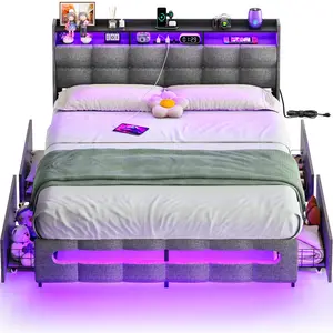 Homieasy Bed Frame with Storage Headboard, Upholstered Twin Bed Frame with Drawers Charging Station LED Light, No Box Spring Needed, Heavy Duty Wood Slats, Noise Free, Grey