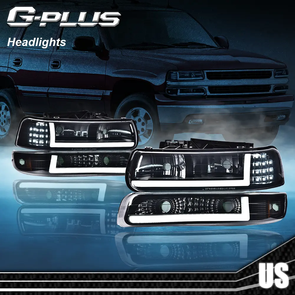 G-PLUS Headlights for 1999-2002 Chevy Silverado/2000-2006 Tahoe LED DRL Bar Headlights & Bumper Lamps Front LED DRL Headlight Assembly 2Pcs Black (Left+Right),car accessories