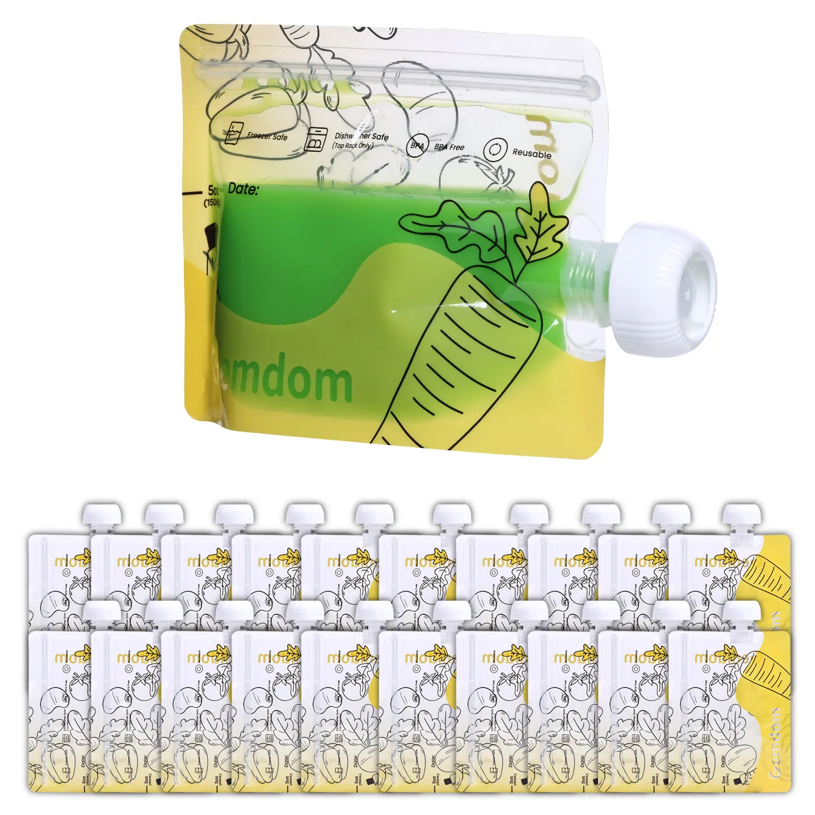 Gemdom 20 Pack Reusable Food Pouches, 5oz BPA Free Square Squeeze Pouches for Kids & Toddlers, Leakproof & Refillable for Homemade Baby Food, Smoothies & Snacks on the go, Purees, Clip On