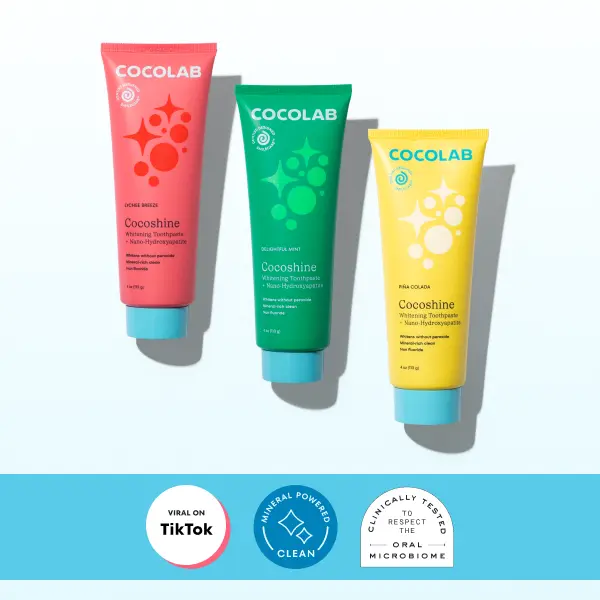 COCOLAB Cocoshine Trio, 3-Pack Cocoshine Whitening Toothpaste, Dentist-Designed, Formulated with 15.5% NanoXIM Nano-Hydroxyapatite, Feel-Good Formula with Organic Aloe & Coconut Oil, 3-pack x 4oz each