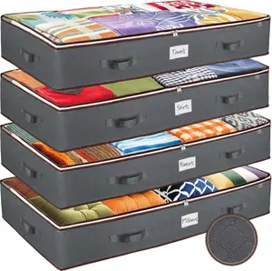 Under Bed Storage Bins - Pack Of 4 Under The Bed Storage Containers For Clothes, Blankets, Winter Clothing, & Shoes - Underbed Storage Containers With Handles, Dual Zippers, & Clear Top