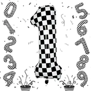 40 Inch Large Self Inflating Black White Checkered Number 1 Helium Foil Racing Balloon for 1st Birthday Boys Girls Race Car Flag Party Decorations Supplies