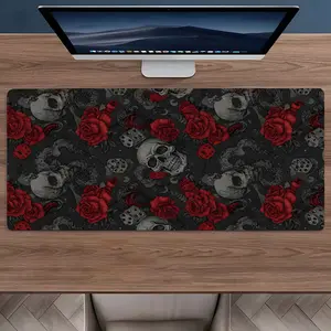 Skull and Red Rose Large Gaming Mouse Pad, Aesthetic Desktop Protective Pad, Washable Rubber Pad Non-Slip Lock Edge Multi-Size Mouse Pad Suitable For Home Office, Desk Accessories, Desk Decor, Good Gift for Family and Friends