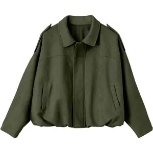 Womens Faux Suede Bomber Jackets Long Sleeve Spring Coats Zip Up Cropped Jacket Trendy Outerwear with Pockets