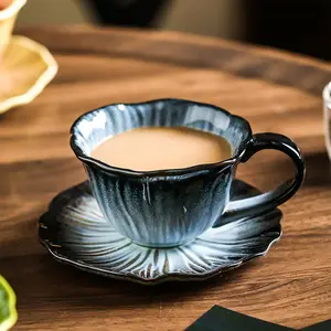 Vintage Ceramic Coffee Cup and Saucer, Underglaze Color Latte Art Mug, Retro Mugs, Unique Elegant Gift, Handmade Design, Drinkware, Stylish Drinkware