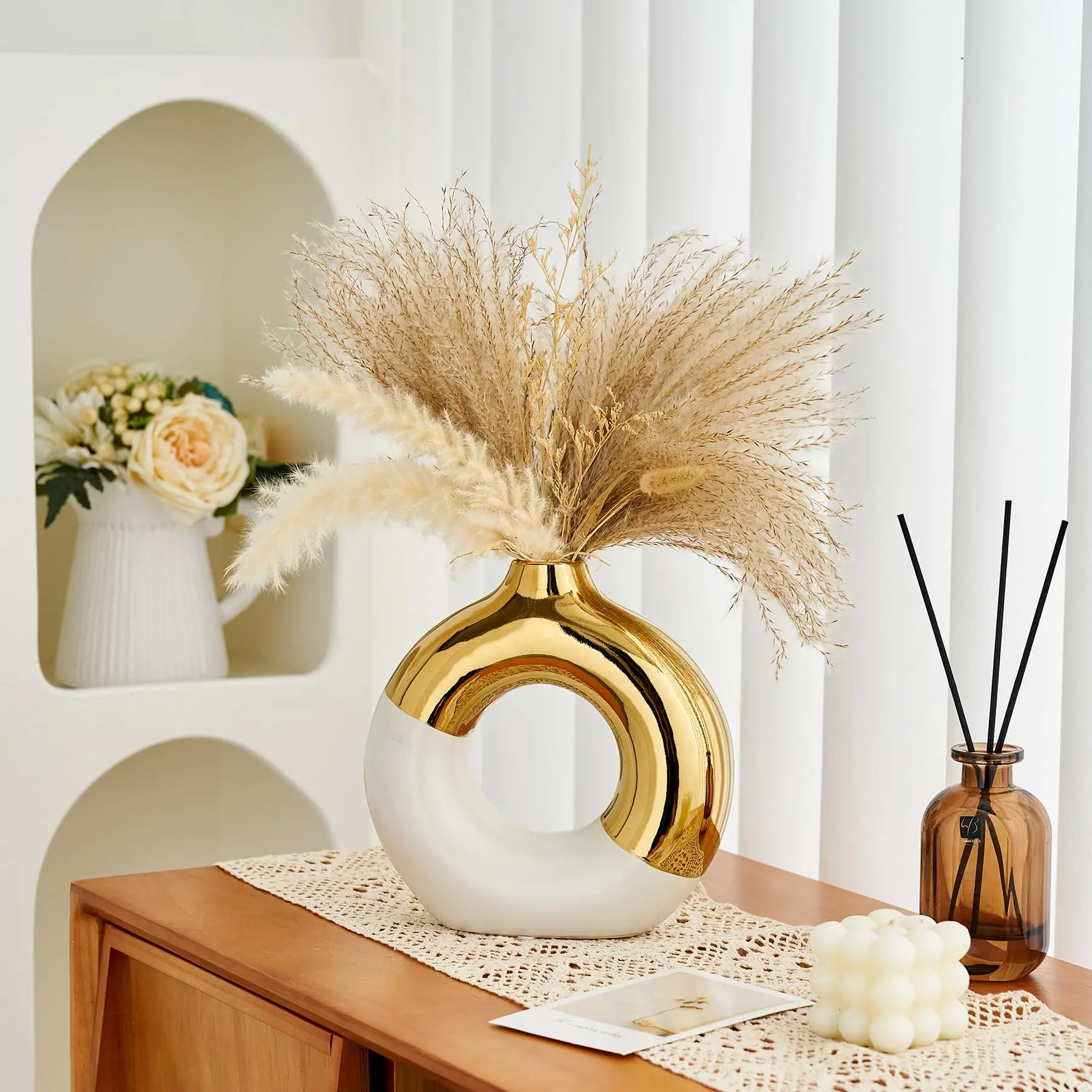 Platinum Ceramic Ellipse Decorative Vase - Plain Modern Bohemian Style, Boujee Household Items, Unique Decor, Coffee Table Accent, Birthday Souvenir, Dried Flower & Reed Holder for Home Living Room Aesthetic Decor