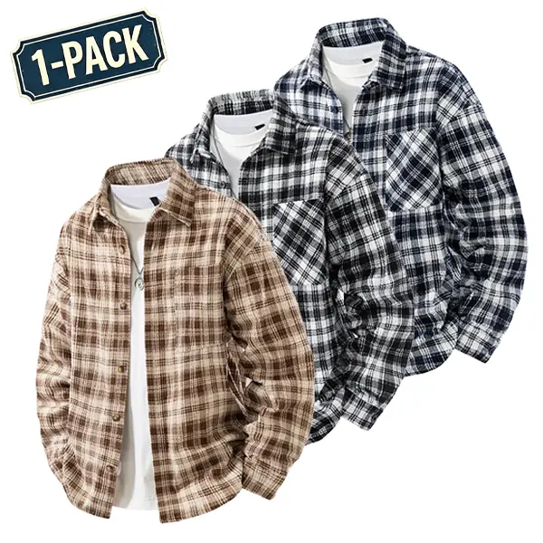 Men’s plaid flannel shirt, long sleeves, loose fit, casual button-down shacket jacket