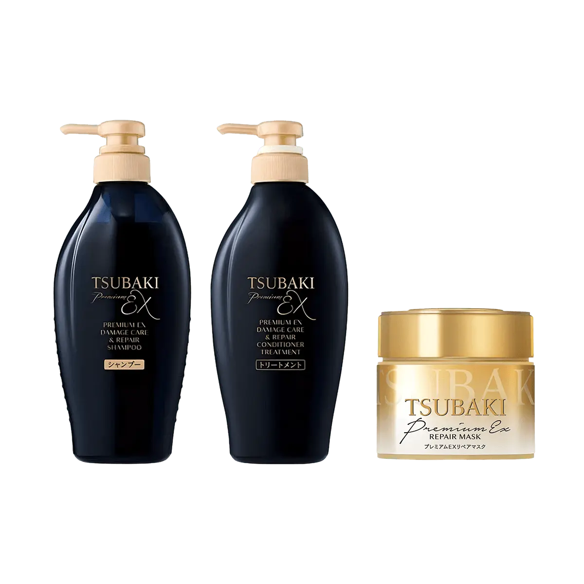 TSUBAKI Black Camellia EX Intensive Repair Shampoo Conditioner Hair Mask Set - 400ml x 2 + 180g - For Severely Damaged, Color-Treated Hair (2025 New Formula)