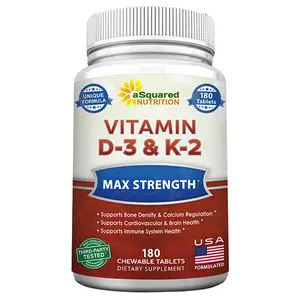aSquared Nutrition Vitamin D3 with K2 MK7 Chewable Tablets - 180 Count, Max Strength Cholecalciferol Supplement for Adult Bone, Tooth & Heart Support, Energy-Boosting Formula