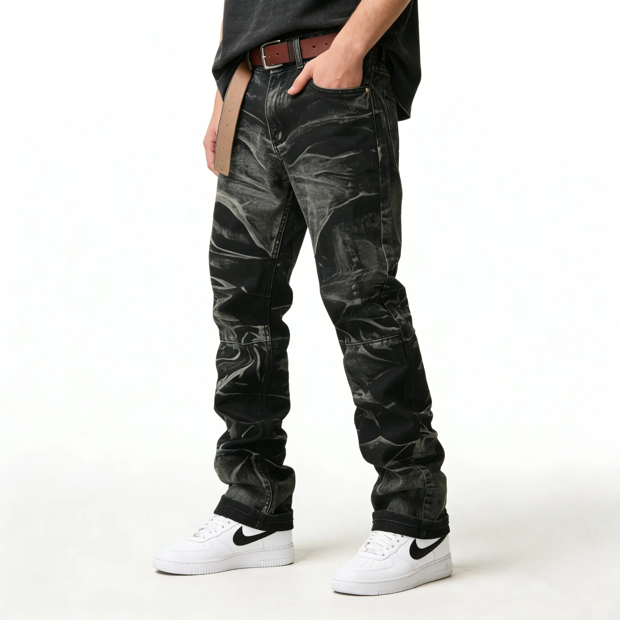 Men's Worn Frayed Tight Waisted Washed Black Denim Jeans Unique Graphic Design Retro Elements Stretch Fabric All Seasons Casual Streetwear Daily Torn Trendy Mens Clothing Hip Hop Style Trouser