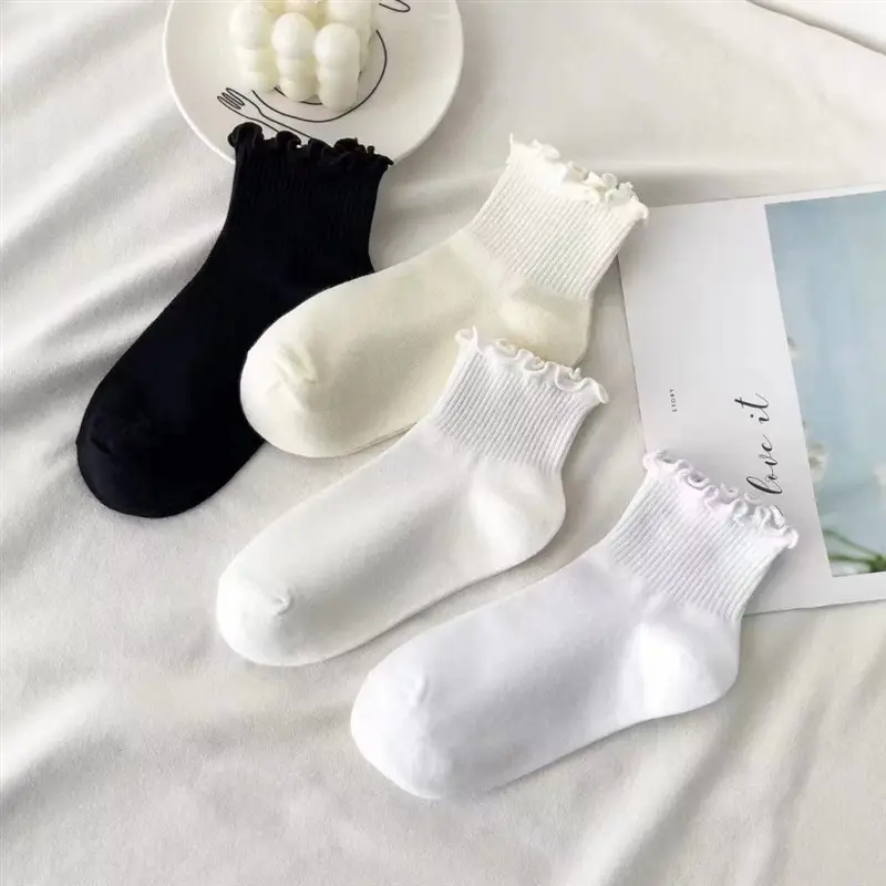 Women's Cotton Blend Ankle Length Socks - 10 Pairs, Breathable Knit, Ruffle Flounce Lettuce Trim, Sweet Look, Soft Comfy, Solid Colors, Tight Fit, One-Size-Fit-All, for Spring Summer Daily Casual Wear Womenswear Bridal