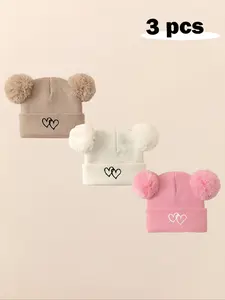 3pcs Baby Girl Newborn Toddler Pom-Pom Heart Beanie Hat, Cozy Knit Winter Warm Heart Cute Hat, Outdoor Baby Accessories Bonnet