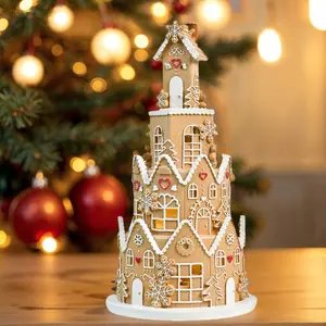Creative gingerbread house decoration home figurine ornaments, holiday decorations with LED lights, suitable for Christmas village display, suitable for Christmas desktop decoration