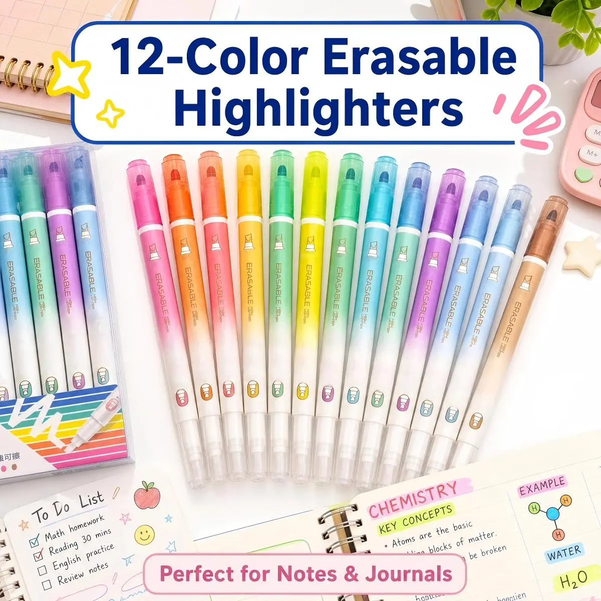 【Back To School Haul】Erasable Highlighter Set, 12Pcs Gradient Macaron Pastel Dual-Tip Highlighter Markers, Aesthetic No-Bleed Smooth-Write Erasable Pens for Teen Girls, Study Notes, Bible Journaling, School & Office, Portable Stationery with Comfort Grip