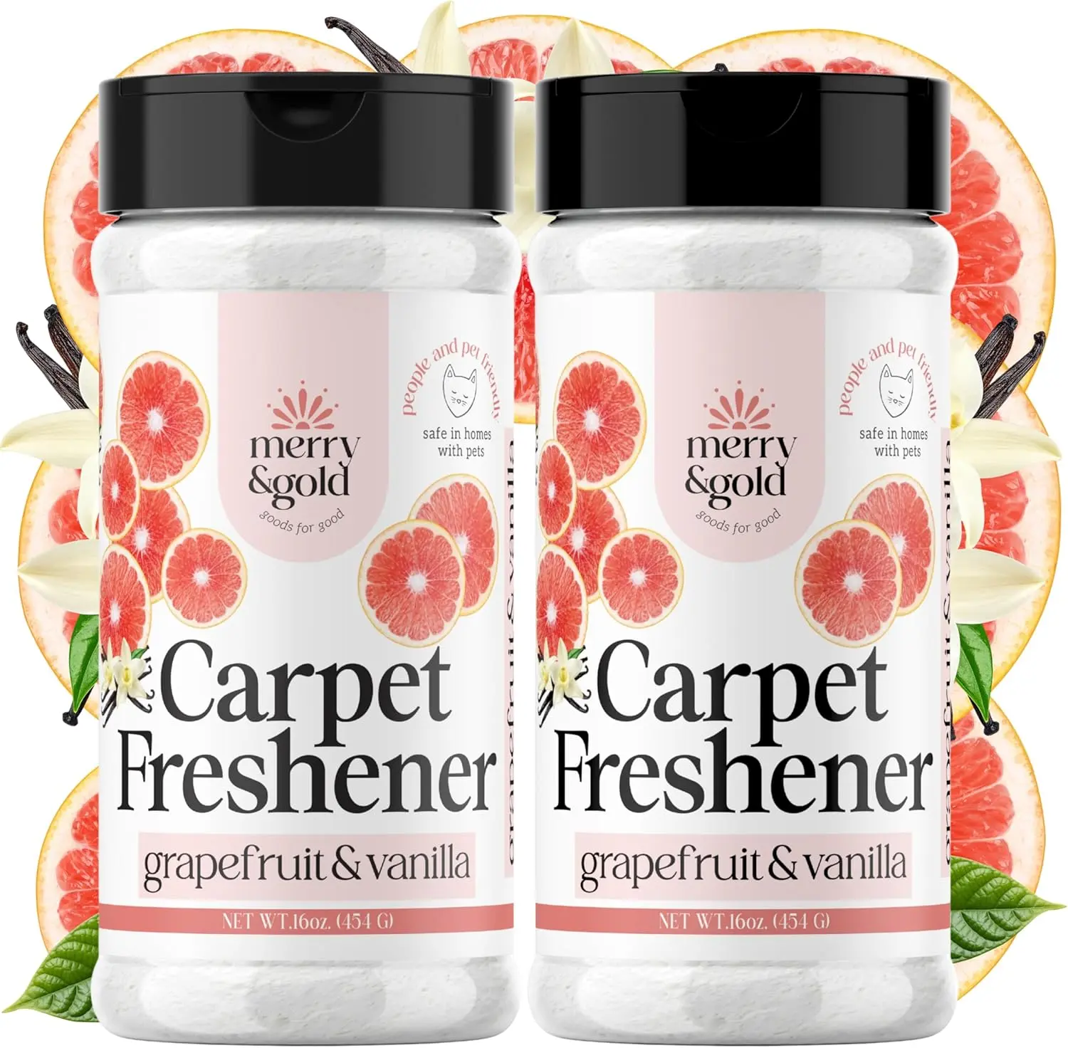 Merry & Gold Carpet Deodorizer & Freshener Powder | 16 oz (2 Pack) Grapefruit + Vanilla | Pet Odor Eliminator for Strong Odors & Pet Urine | Safe for Homes with Pets | Made in USA