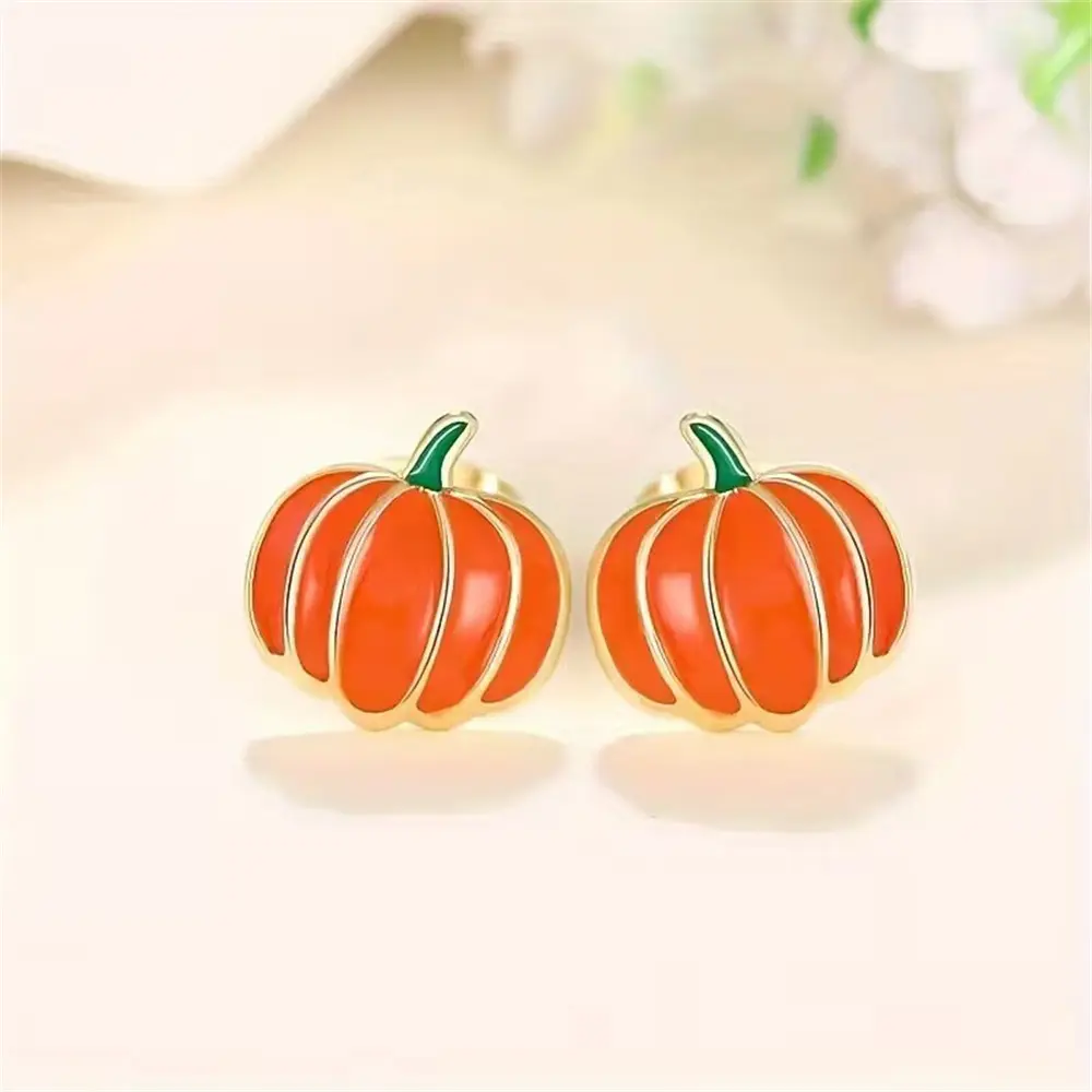 Orange Enamel Pumpkin Stud Earrings, Tiny Fall Pumpkin Shape Earrings, Autumn Halloween Women Fashion Jewelry