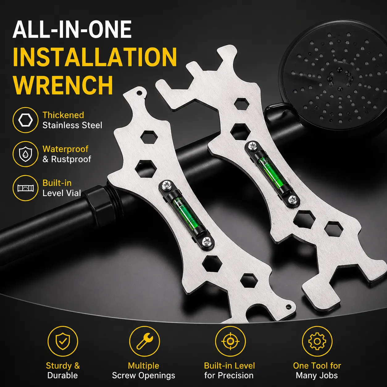 Thickened Stainless Steel Shower Wrench with Built-in Level, Multiple Hex Openings, 1-Count Tool for Bathroom Assembly and Home Maintenance, Thickened Wrench