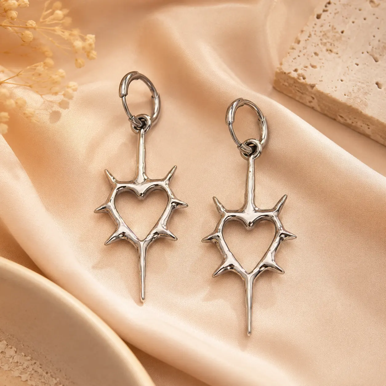 Silver-Tone Spiked Heart Drop Earrings for Women, Edgy Punk Dangle Hoop Earrings, Gothic Statement Heart Earrings, Long Trendy Fashion Jewelry