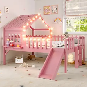 [Bellemave]Twin/Full  Size House Loft Bed with Slide,Playhouse Bed with Star Moon-shaped Designs and Window, Chic Design with LED Lights,No Box Spring Needed,Pink