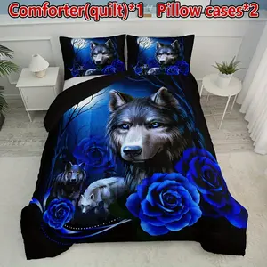 3PCS Blue Wolf Quilt Set (1 Quilt + 2 Pillowcase Without Pillow Insert), Quilted Soft Comfortable Breathable Printed Bedroom Living Room Home Dorm Bedding Supplies For All Seasons