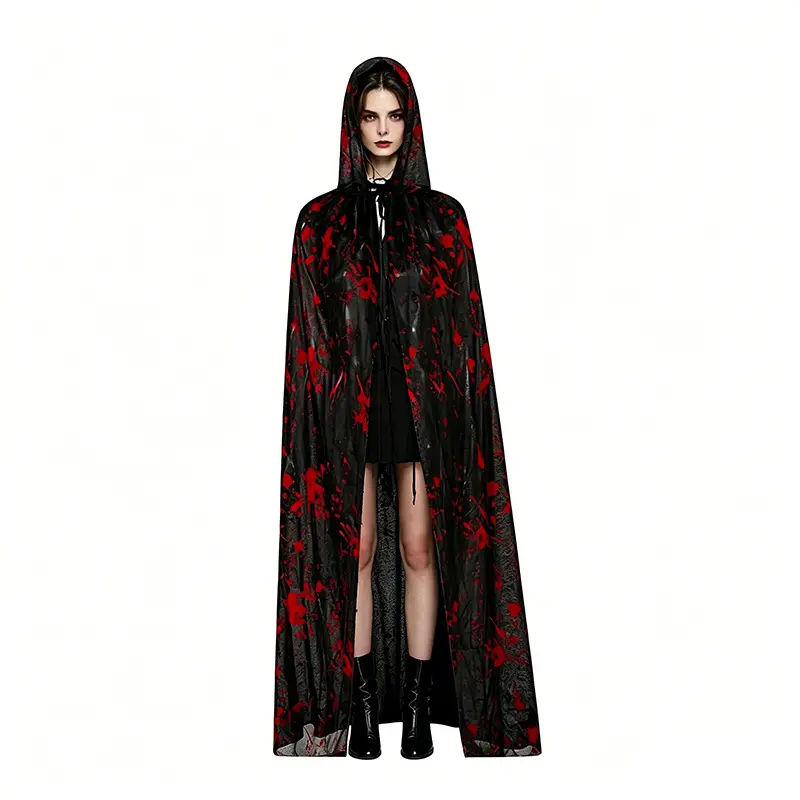Halloween Cape Cloak for Adults & Kids, Witch Wizard Cosplay Hooded Cape, Blood Print Horror Cloak Party Costume Prop