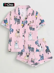 Summer Sleepwear & Loungewear for Women, Cozy Cute French Bulldog Print, Cool Short Sleeve Button Pajama Set for Pet Lovers
