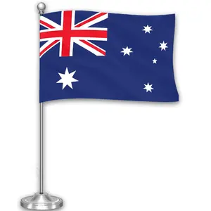 G128 Australia Australian Deluxe Desk Flag Set | 8.5x5.5 In | Printed 300D Polyester, with Silver Dome and Base, 15" Metal Pole, Decorations For Office, Home and Festival Events Celebration
