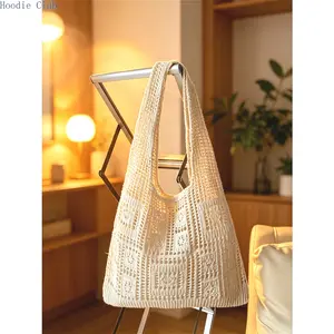 Women’s Hollow-Out Crochet Reusable Tote - Fashionable Lightweight Shopping Bag, Boho Knitted Multi-Functional Sports & Outdoor Casual Handbag for Beach Use Slouchy Tote Handheld Bag