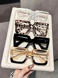 Women's Geometric Large Frame Plastic Windproof Glasses Set, Leopard Pattern Eyeglasses, Modern Simple Design, Clear Lens Fashion, Suitable for School, Reading, Street Photography