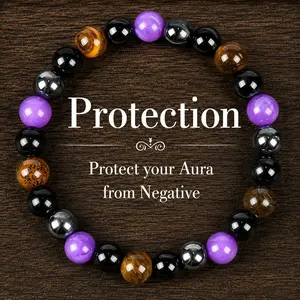 1pc Natural Tiger Eye & Amethyst Beaded Bracelet, Elastic Protection Crystal Bracelet For Men And Women, Unscented Solid Jewelry Gift Amethystcrystal summerwins,summerwins