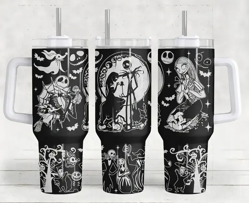 [Halloween Collection] Nightmare's Before's Christmas 40oz/20oz Tumbler , Stainless Steel Double Wall Vacuum Insulated Travel Mug, Spooky Skeleton Couple Movie Inspired Edition, Keeps Drinks Hot & Cold, Fits Car Cup Holder, Gift for Halloween Fans