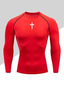 Men's High Elastic Fitness Running Compression Shirt, Cross Print Breathable Sweat-Wicking Long Sleeve Top for Outdoor Training, Athletic Compression Shirts
