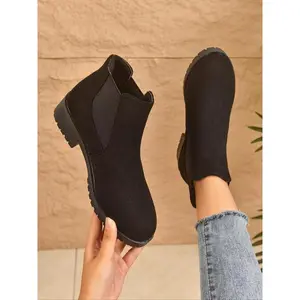 Women's Fall Winter New Fashion Chunky Heel Chelsea Boots, Round Toe Ankle Booties, Casual Textile Shoes, Size 43