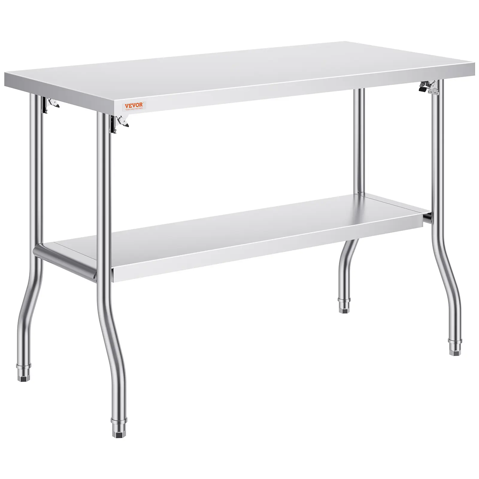 VEVOR Foldable Commercial Drop Down Table, 48x24 in Heavy-Duty Stainless Steel Rectangular Worktable, Smooth Wipe-Clean Surface, Undershelf, 300 lbs Load Capacity, Easy Setup, Indoor/Outdoor Prep Workstation for Home Kitchens