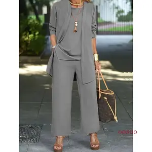 Chic Solid Three-Piece Outfit Set - Comfy Long Sleeve Cardigan, Versatile Top & Sleek Pants - Everyday Casual Wear for Women Suits Womenswear(Sheets)