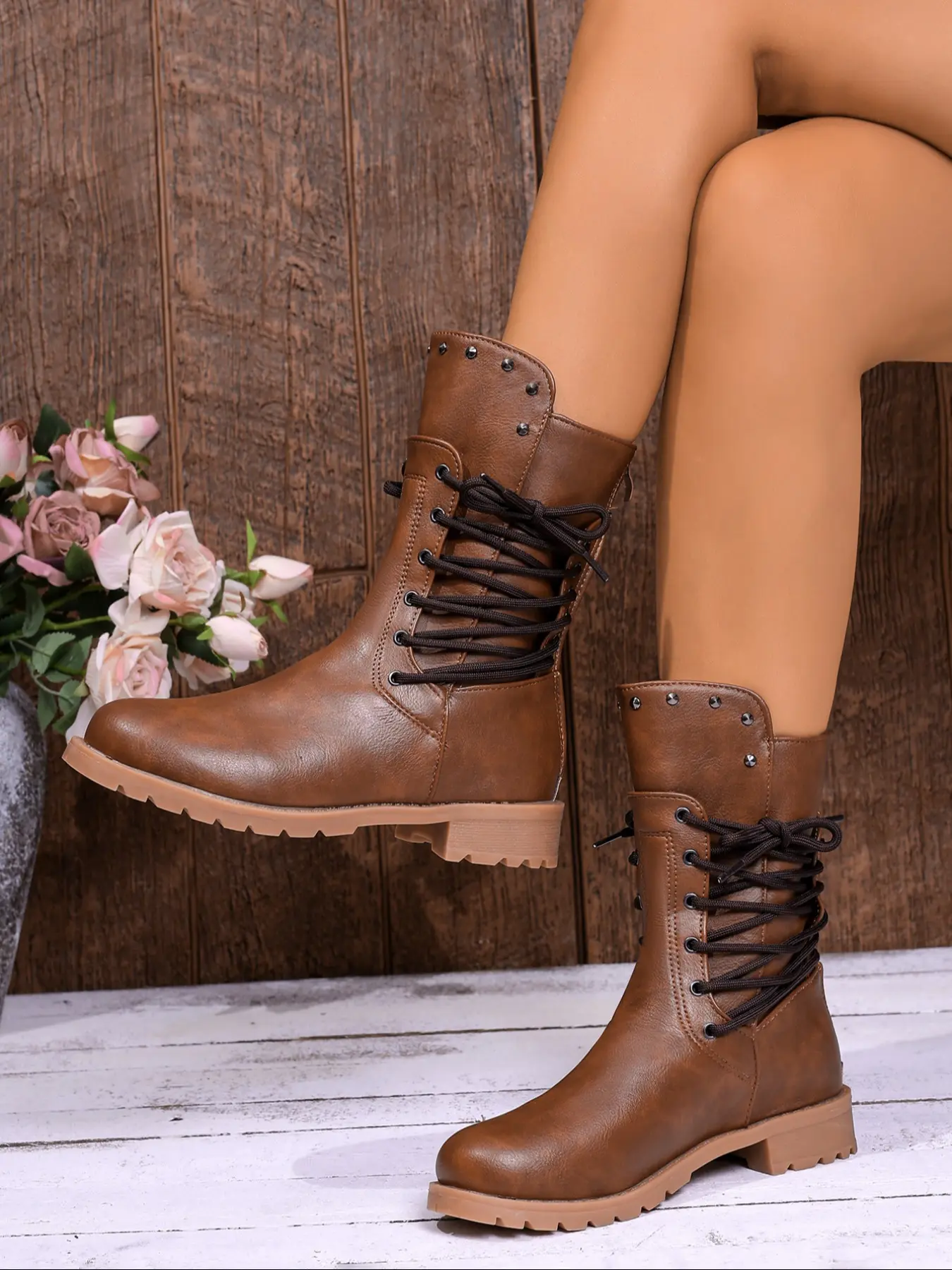 Women's Rivet Decorated Boots, Fall & Winter New Arrival, British Style Laces Mid-Calf Boots, Retro Thick Heel Slimming Classic Motorcycle Boots, Trudge Boots, Footwear, Thick Heeled Boots, Boots Shoes