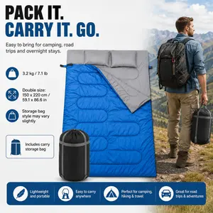 Double Sleeping Bag for Adults Couples 150x220cm Envelope-Style Thickened Waterproof Camping Sleeping Bag, Detachable Zip Together or Split, Pillow, Warm Portable Sleep System with Compression Storage Bag for Family Camping Hiking Road Trips