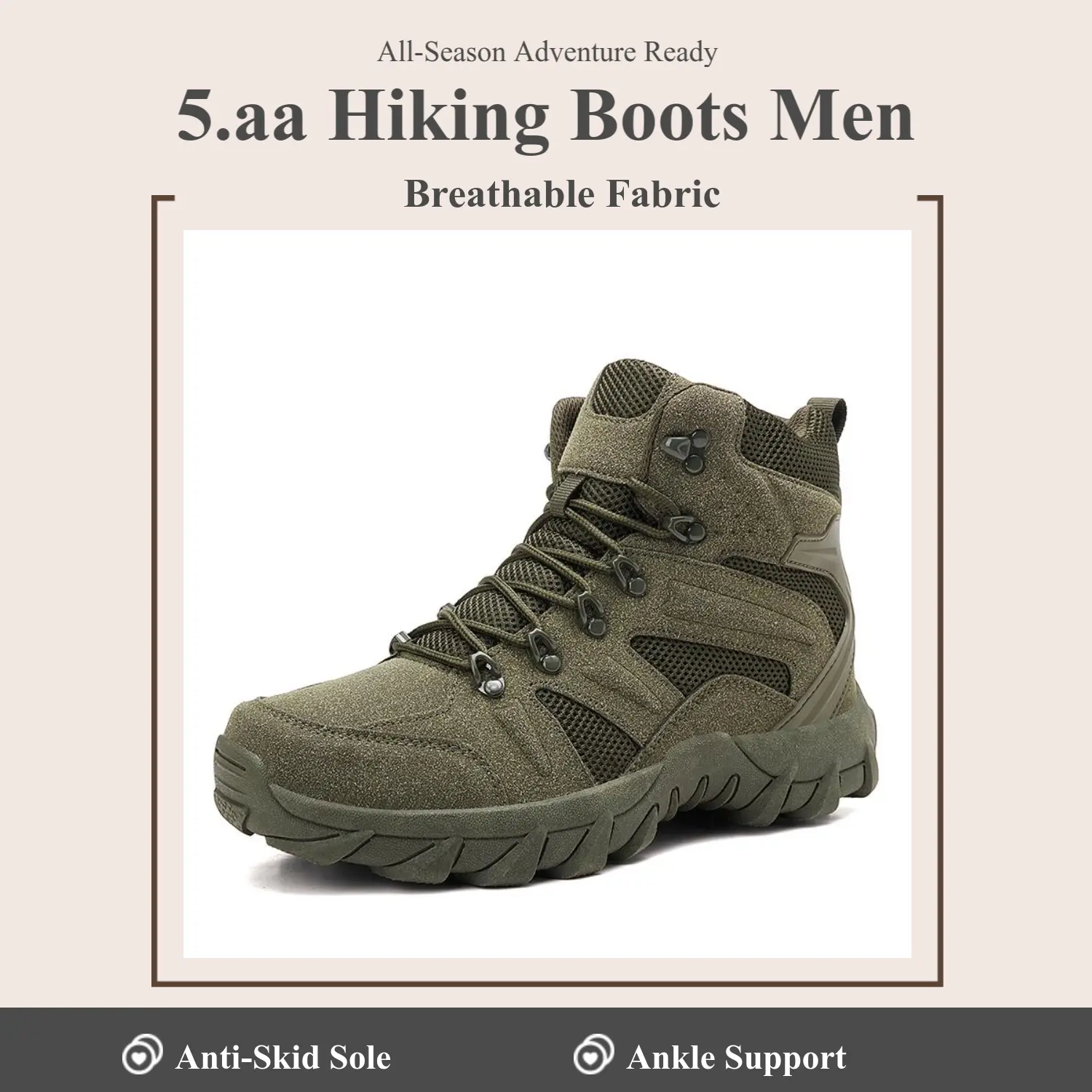 5.AA Men's All-Season High-Top Wide-Fit Outdoor Boots, Lightweight Breathable and Non-Slip Hiking Shoes, Hiking Boots, Desert Boots Work Boots, Suitable for Jungle Exploration, Rock Climbing, Daily Wear, Camping, Travel, and Various Activities