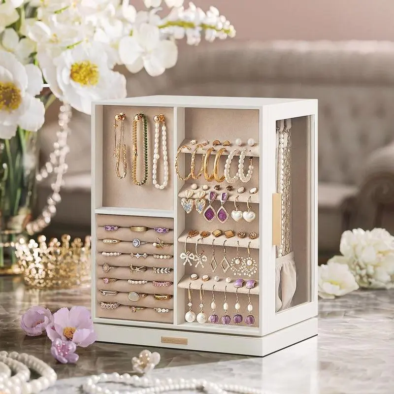 SONGMICSHOME 360-Rotatable Jewelry Organiser, Modern 5-Layer Durable Home Organizers & Storage Case with 5 Drawers, Glass Window, Spacious Open Design, Ideal Gift for Jewelry Storage